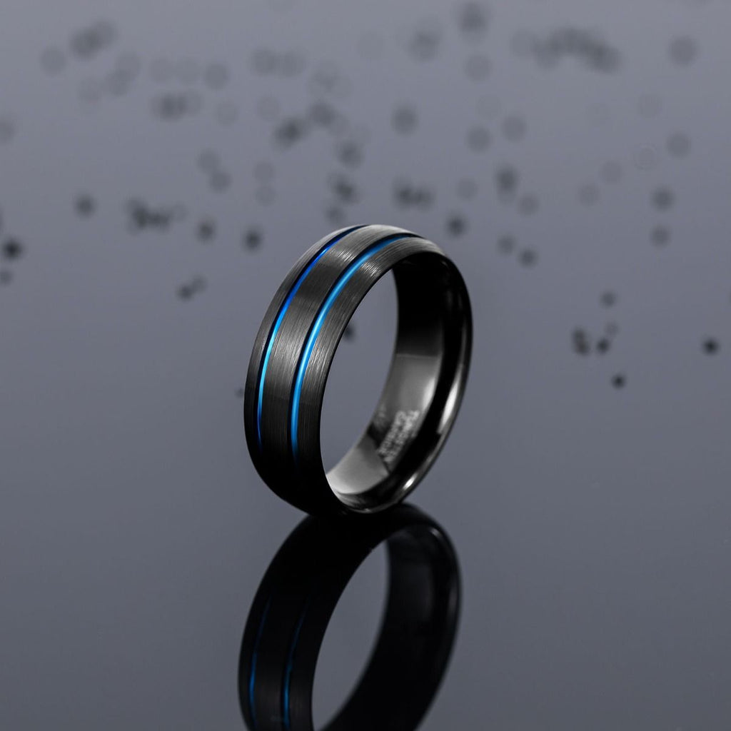 8mm Tungsten Carbide Ring Men Black With Blue Line Dome Wedding Bands