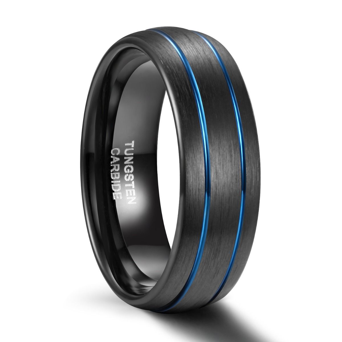 8mm Tungsten Carbide Ring Men Black With Blue Line Dome Wedding Bands