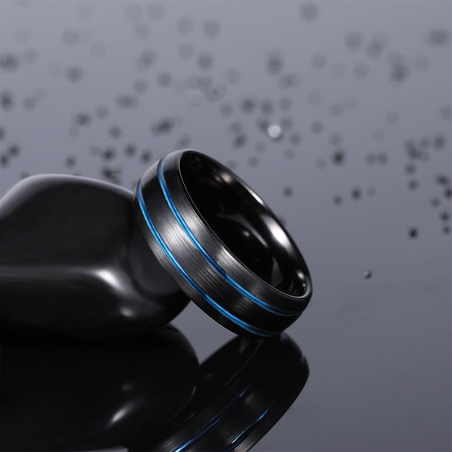 8mm Tungsten Carbide Ring Men Black With Blue Line Dome Wedding Bands