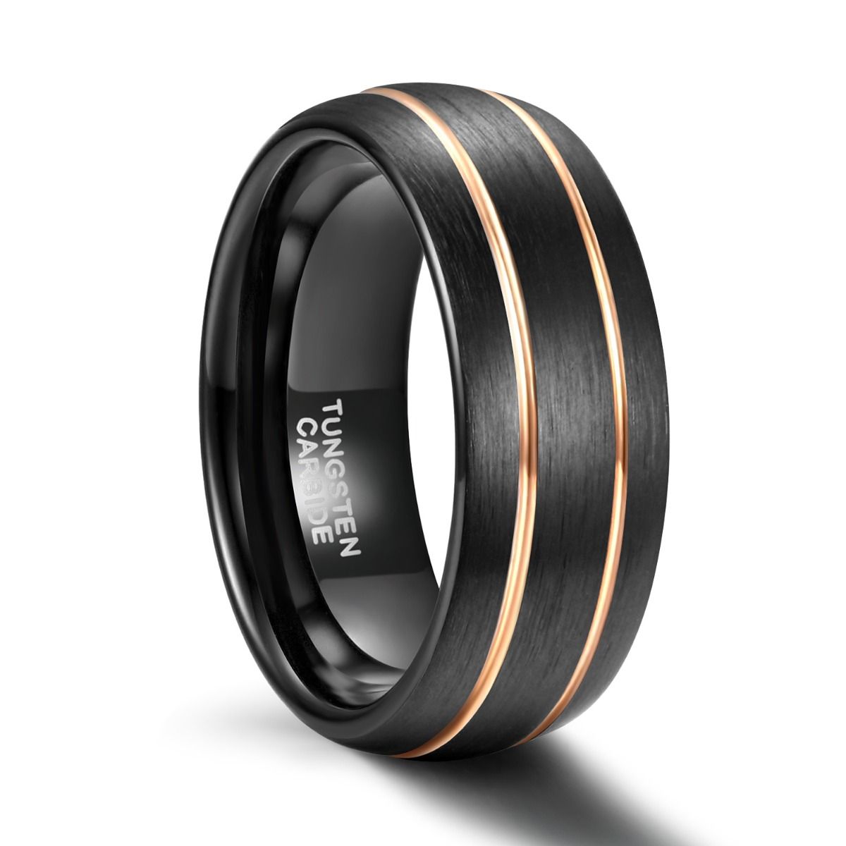 8mm Tungsten Carbide Ring Men Black With Gold Line Dome Wedding Bands