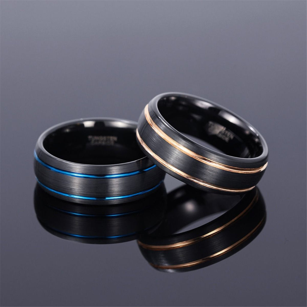 8mm Tungsten Carbide Ring Men Black With Gold Line Dome Wedding Bands