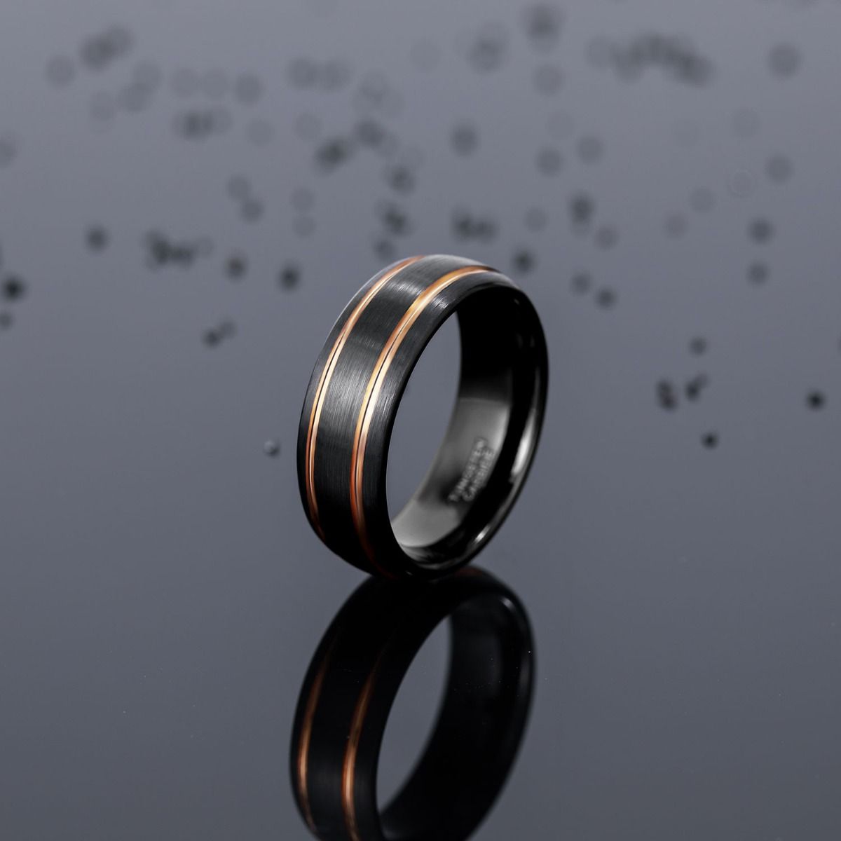 8mm Tungsten Carbide Ring Men Black With Gold Line Dome Wedding Bands
