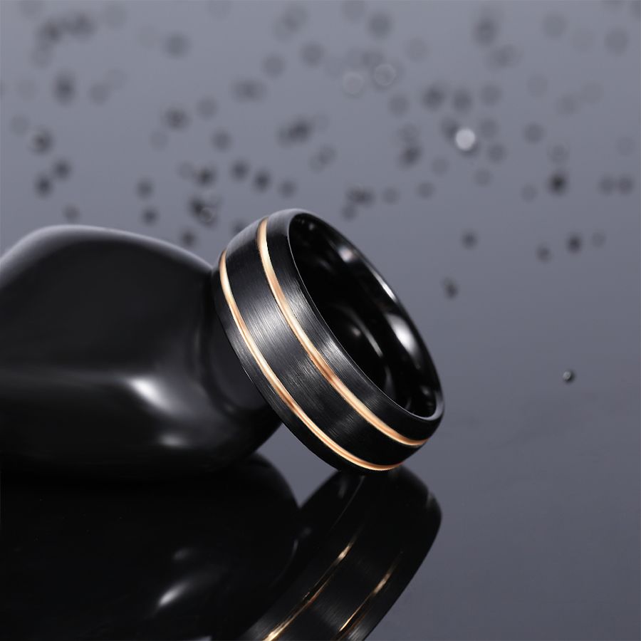 8mm Tungsten Carbide Ring Men Black With Gold Line Dome Wedding Bands