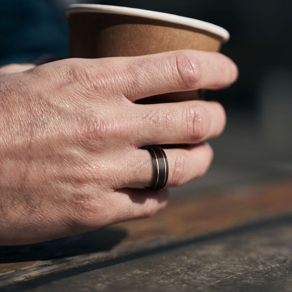 8mm Tungsten Carbide Ring Men Black With Gold Line Dome Wedding Bands