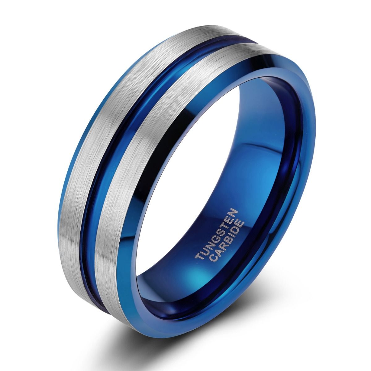 8mm Tungsten Carbide Ring Silver Brushed Thin Blue Line Inlay Men Engagement Bands