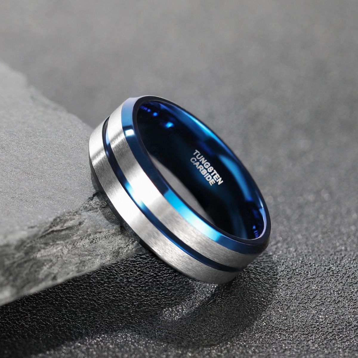 8mm Tungsten Carbide Ring Silver Brushed Thin Blue Line Inlay Men Engagement Bands