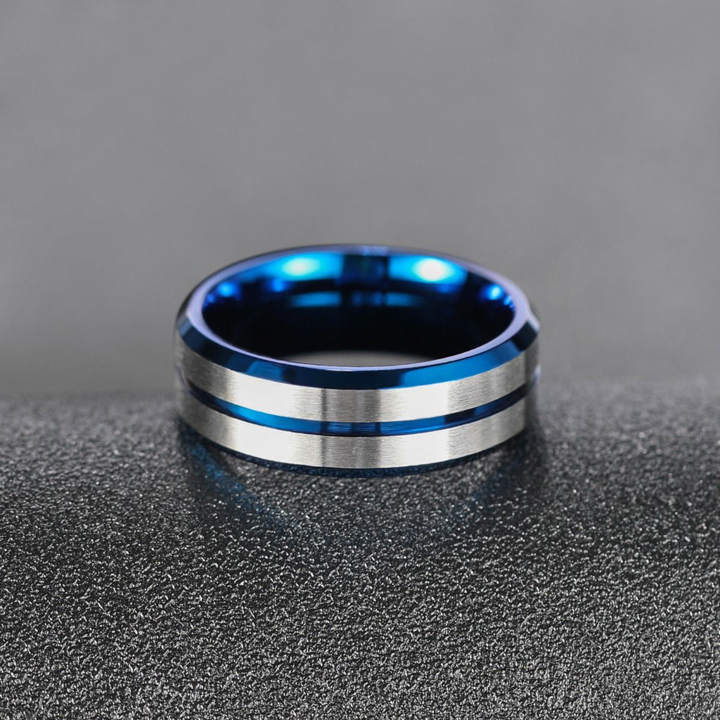 8mm Tungsten Carbide Ring Silver Brushed Thin Blue Line Inlay Men Engagement Bands