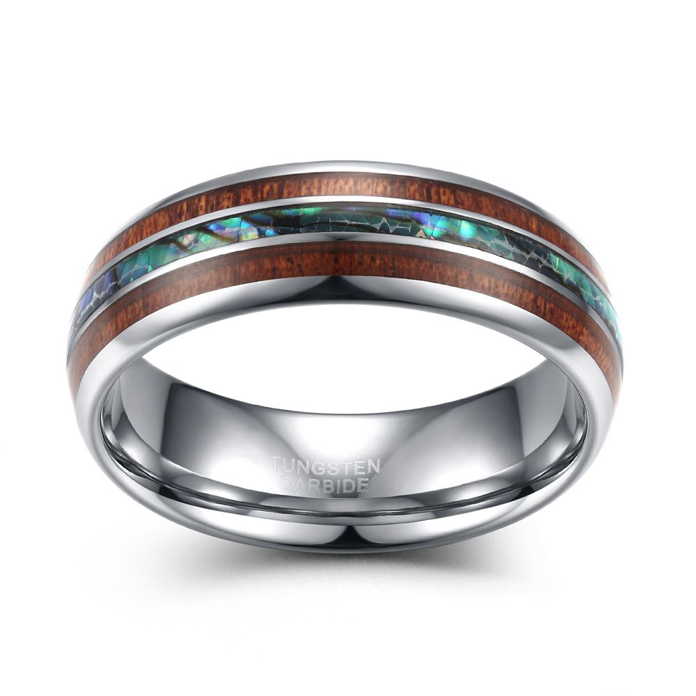 8mm Tungsten Carbide Rings Hawaiian Koa Wood and Abalone Shell Inlay Wedding Bands for Men