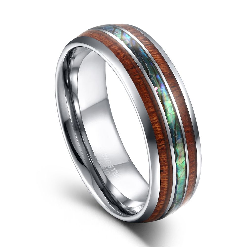 8mm Tungsten Carbide Rings Hawaiian Koa Wood and Abalone Shell Inlay Wedding Bands for Men