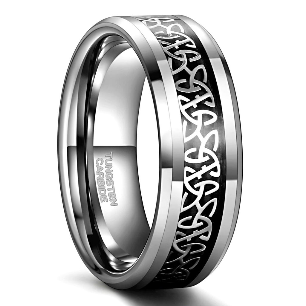 8mm Tungsten Carbide Rings Men Women Silver Beveled Edge Celtic Knot Rings Black Carbon Fiber Inlay Ring