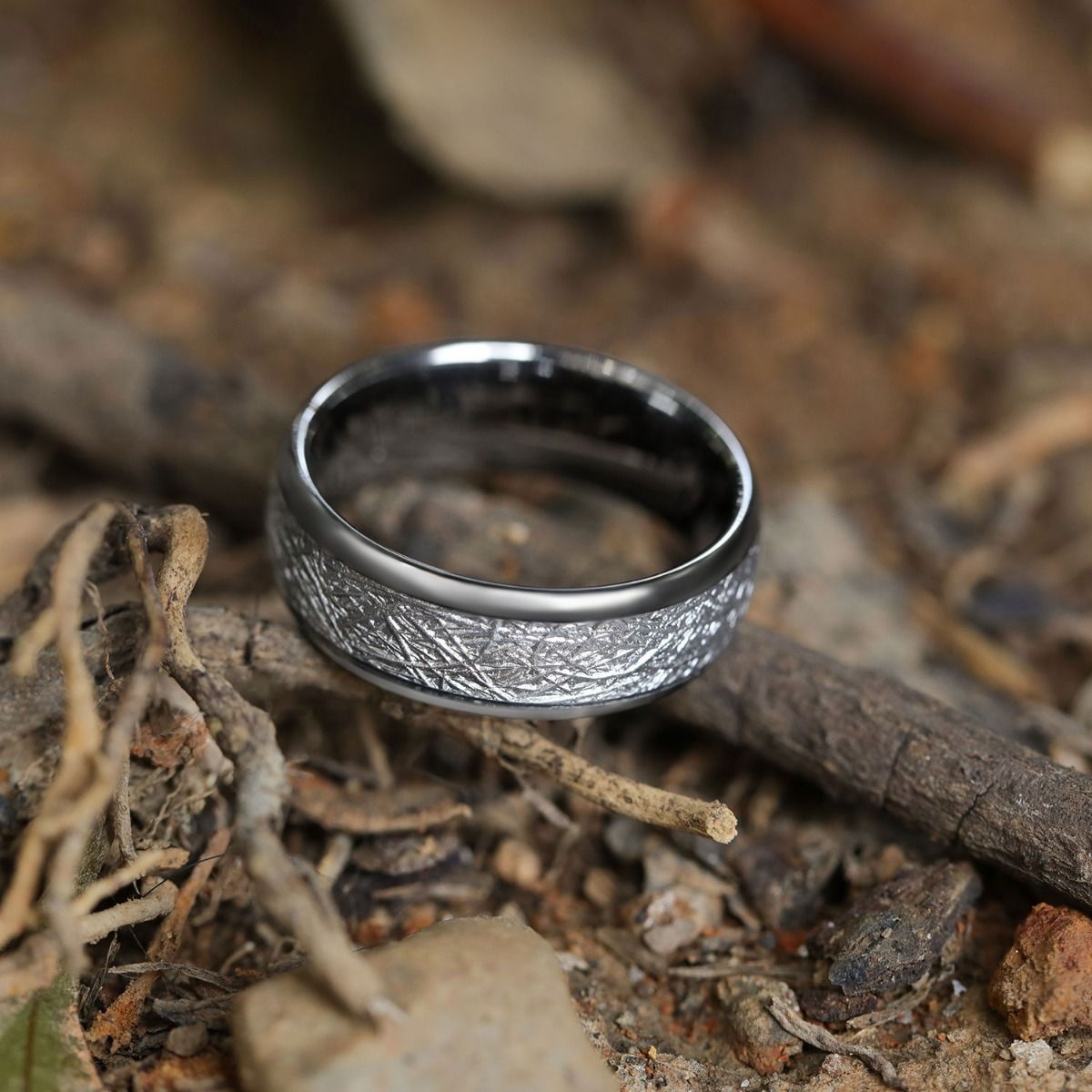 8mm Tungsten Carbide Rings Men Women Silver Dome Polished Imitation Meteorite Inlay Ring