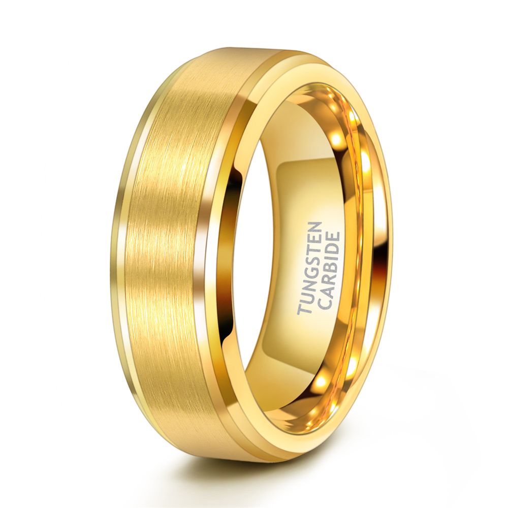 8mm Tungsten Ring 24K Gold Plated Brushed Ring Wedding Bands