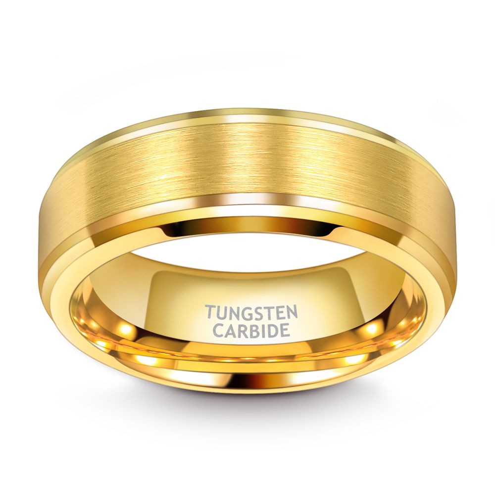 8mm Tungsten Ring 24K Gold Plated Brushed Ring Wedding Bands