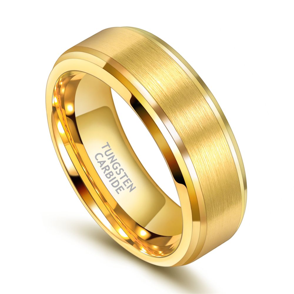 8mm Tungsten Ring 24K Gold Plated Brushed Ring Wedding Bands