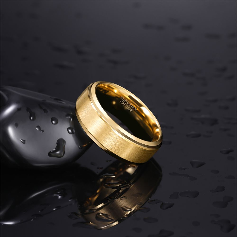8mm Tungsten Ring 24K Gold Plated Brushed Ring Wedding Bands