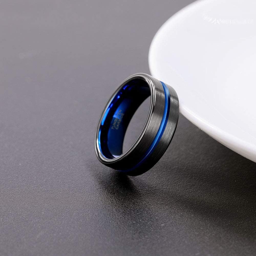 8mm Tungsten Rings Men Women Blue Center Groove Matte Finish Wedding Bands