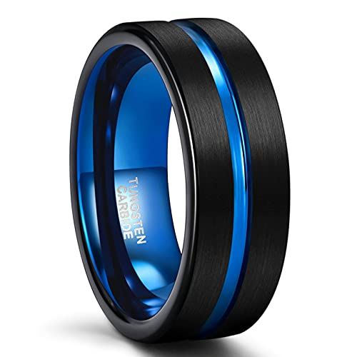 8mm Tungsten Rings Men Women Blue Center Groove Matte Finish Wedding Bands