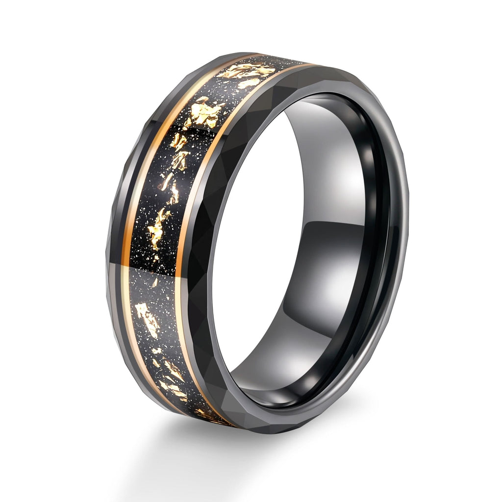 8mm Wide Bands Hammered Edge Black Meteorite Gold Foil Plated Tungsten Carbide Ring