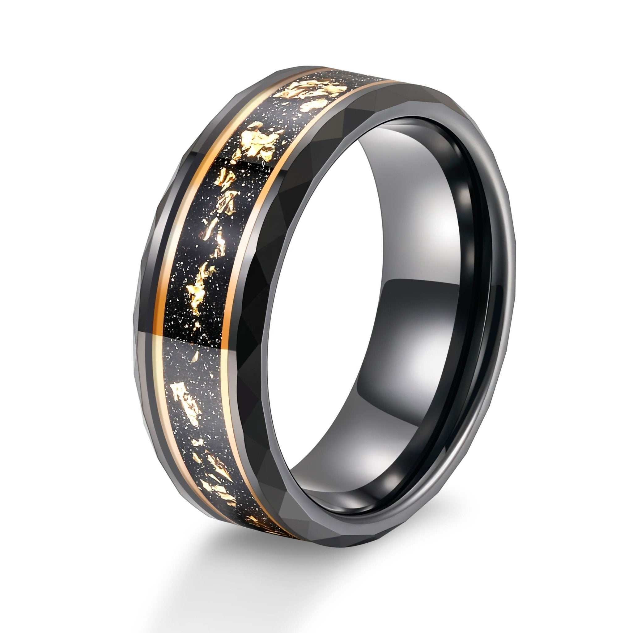 8mm Wide Bands Hammered Edge Black Meteorite Gold Foil Plated Tungsten Carbide Ring