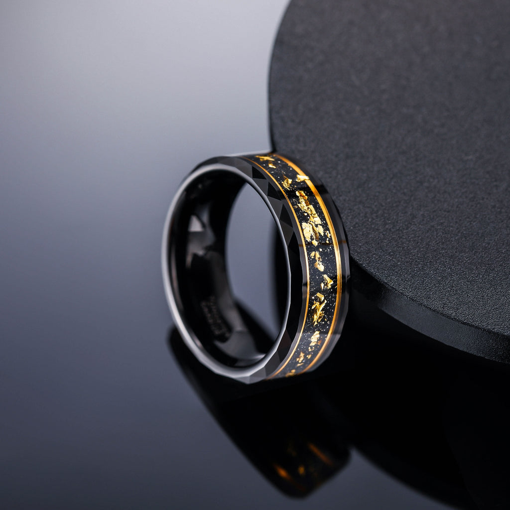 8mm Wide Bands Hammered Edge Black Meteorite Gold Foil Plated Tungsten Carbide Ring