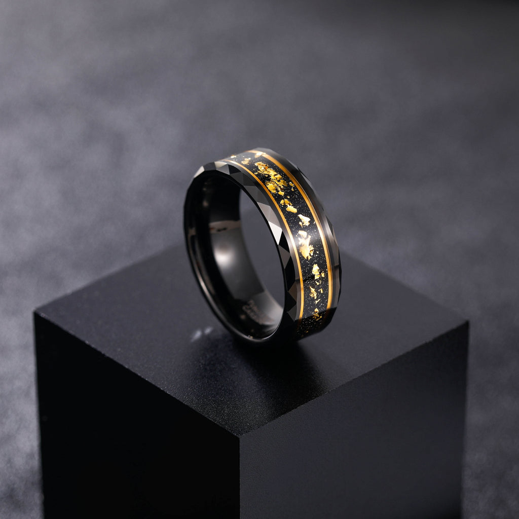 8mm Wide Bands Hammered Edge Black Meteorite Gold Foil Plated Tungsten Carbide Ring