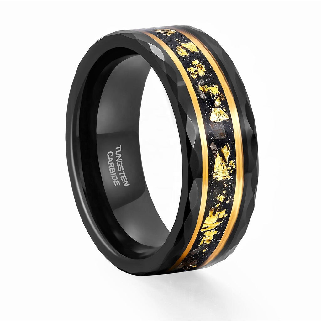 8mm Wide Bands Hammered Edge Black Meteorite Gold Foil Plated Tungsten Carbide Ring