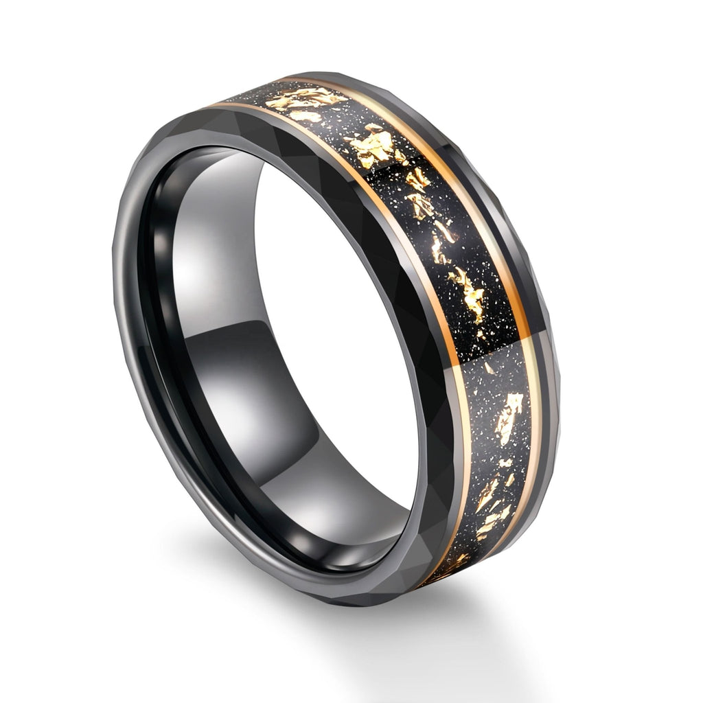 8mm Wide Bands Hammered Edge Black Meteorite Gold Foil Plated Tungsten Carbide Ring