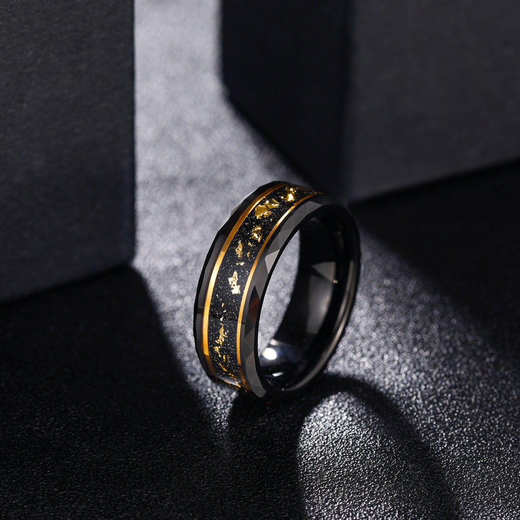8mm Wide Bands Hammered Edge Black Meteorite Gold Foil Plated Tungsten Carbide Ring