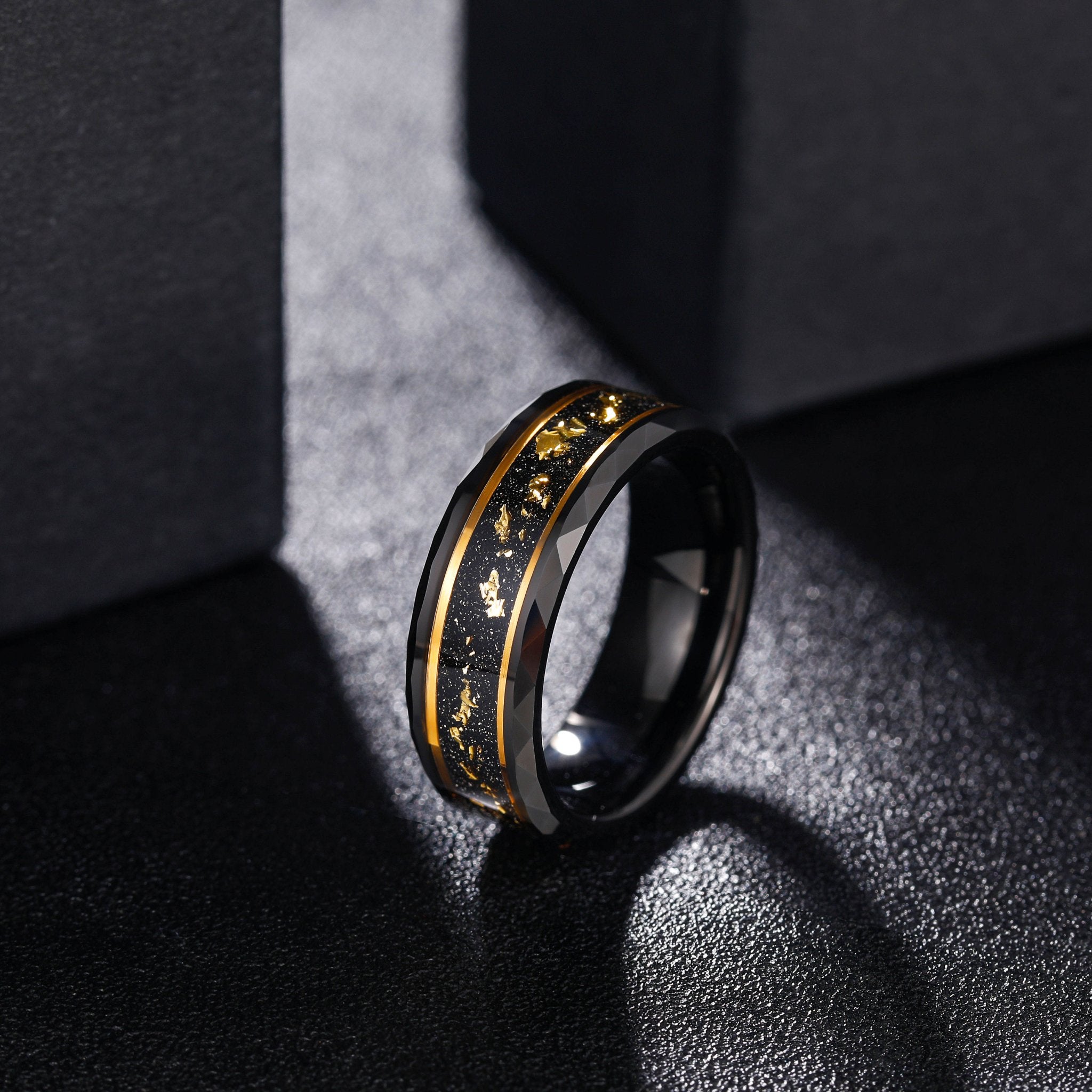 8mm Wide Bands Hammered Edge Black Meteorite Gold Foil Plated Tungsten Carbide Ring