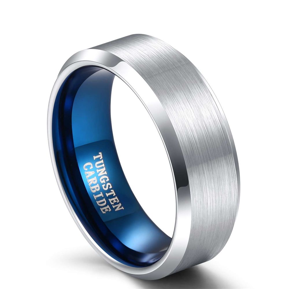 8mm Women Mens Brushed Tungsten Rings Blue Inner Ring Wedding Bands