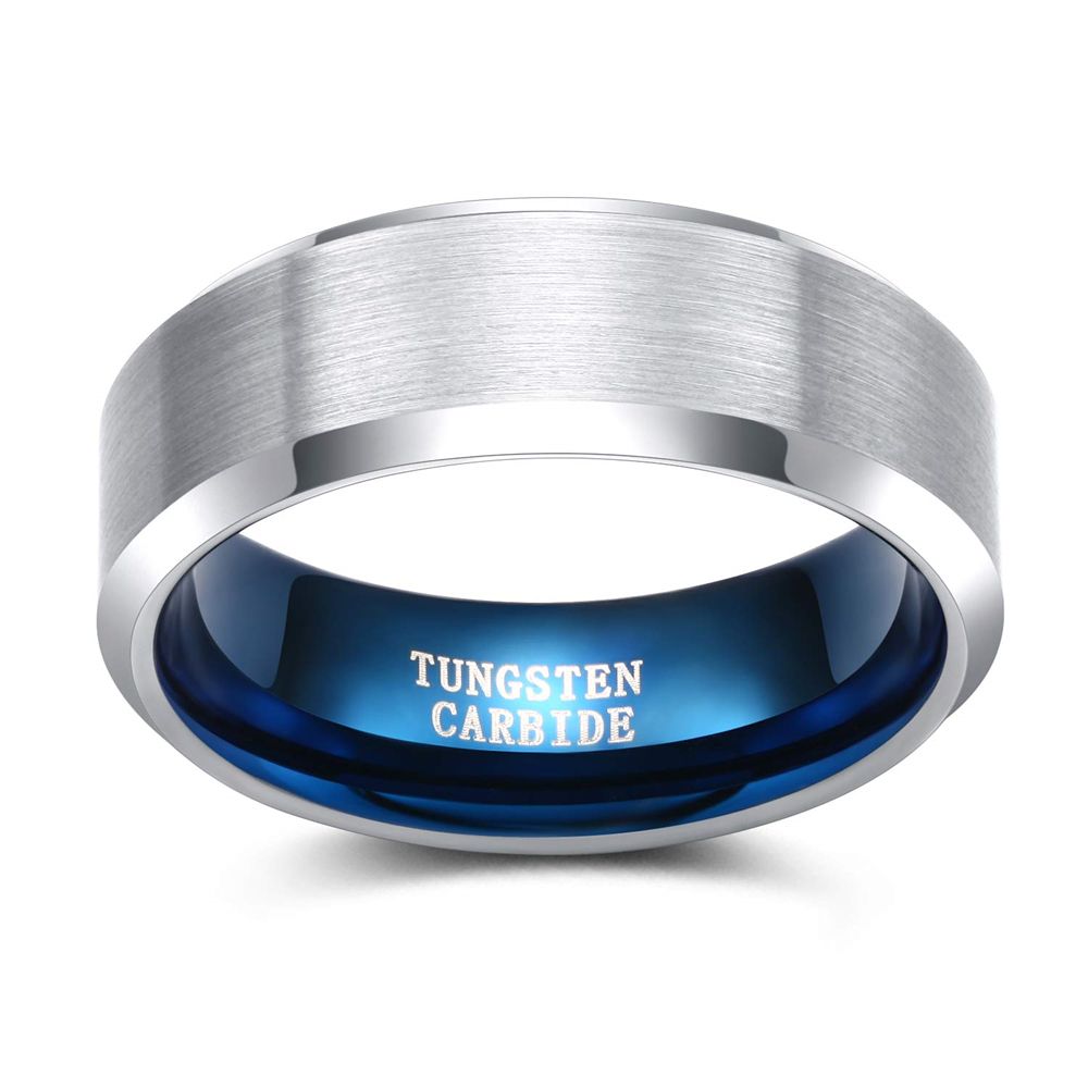 8mm Women Mens Brushed Tungsten Rings Blue Inner Ring Wedding Bands
