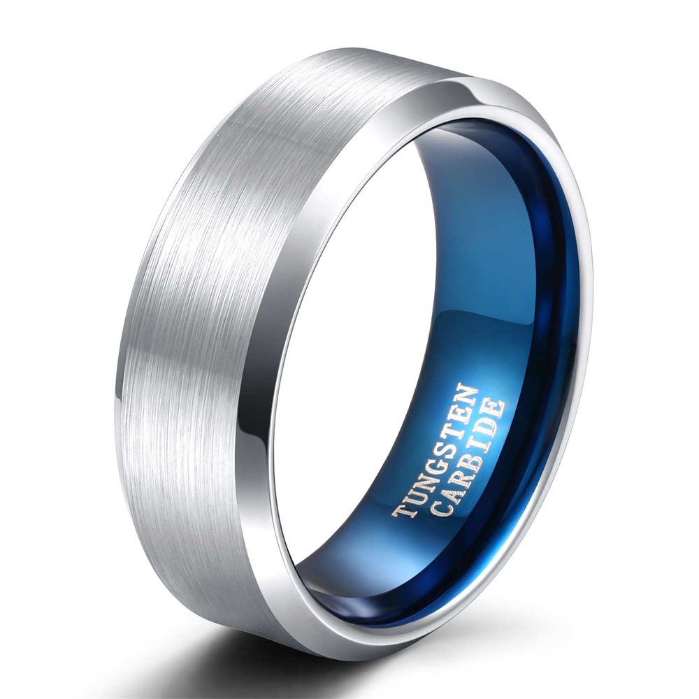 8mm Women Mens Brushed Tungsten Rings Blue Inner Ring Wedding Bands