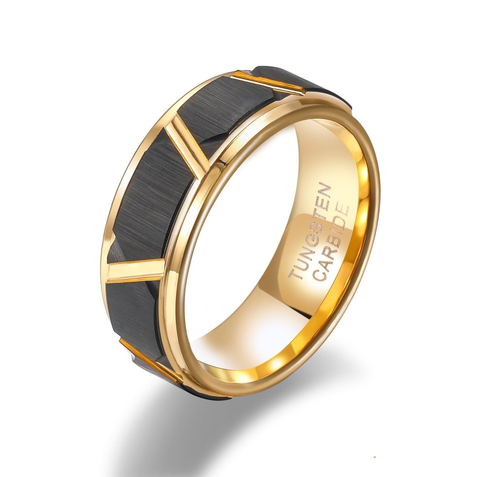 Customized 8mm 24K Gold Plated Black Brushed Matte Tungsten Carbide Ring for Men Wedding Band Wholesale