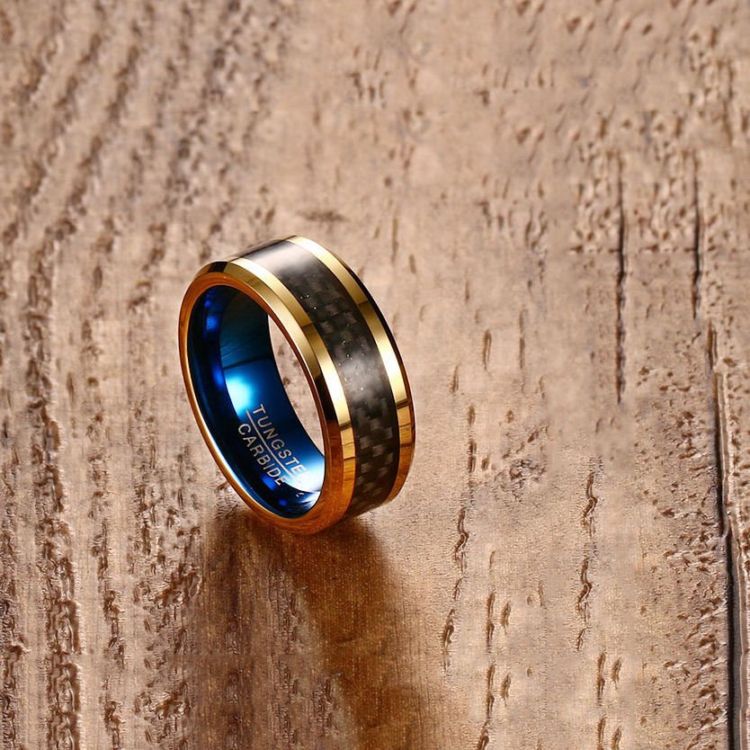 Customized 8mm Carbon Fiber Tungsten Ring Gold Edge Blue Inner Ring Men Wedding Band Wholesale