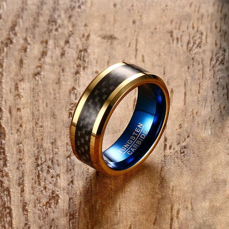 Customized 8mm Carbon Fiber Tungsten Ring Gold Edge Blue Inner Ring Men Wedding Band Wholesale