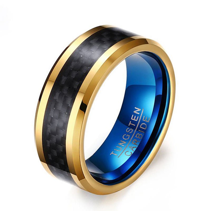 Customized 8mm Carbon Fiber Tungsten Ring Gold Edge Blue Inner Ring Men Wedding Band Wholesale
