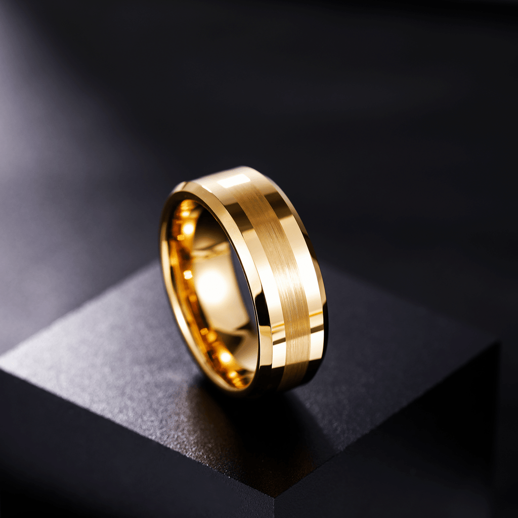 Customized Fashion Jewelry 8mm 24K Gold Plated Brushed Tungsten Carbide Ring for Men Wedding Band Wholesale