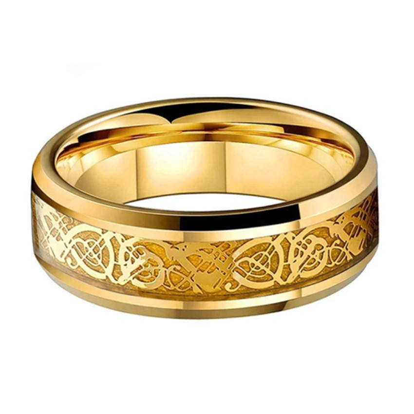 Customized Men's Full Band 24K Gold Plated Dragon Inlay Celtic Tungsten Carbide Rings for Wedding
