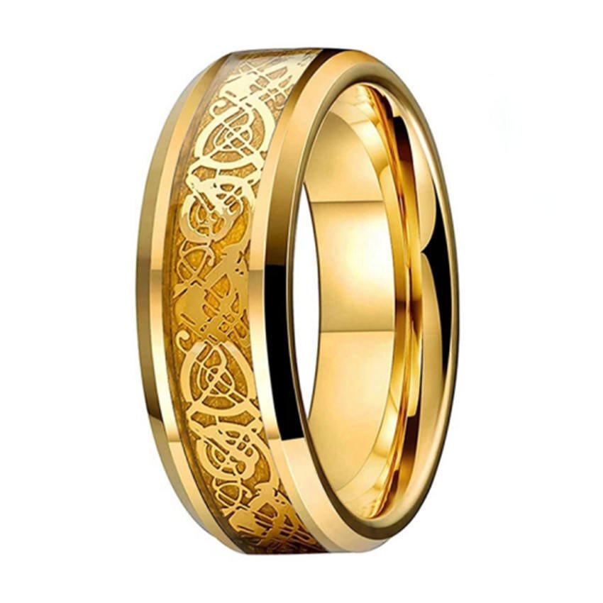 Customized Men's Full Band 24K Gold Plated Dragon Inlay Celtic Tungsten Carbide Rings for Wedding