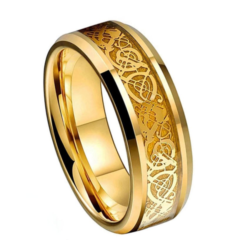 Customized Men's Full Band 24K Gold Plated Dragon Inlay Celtic Tungsten Carbide Rings for Wedding