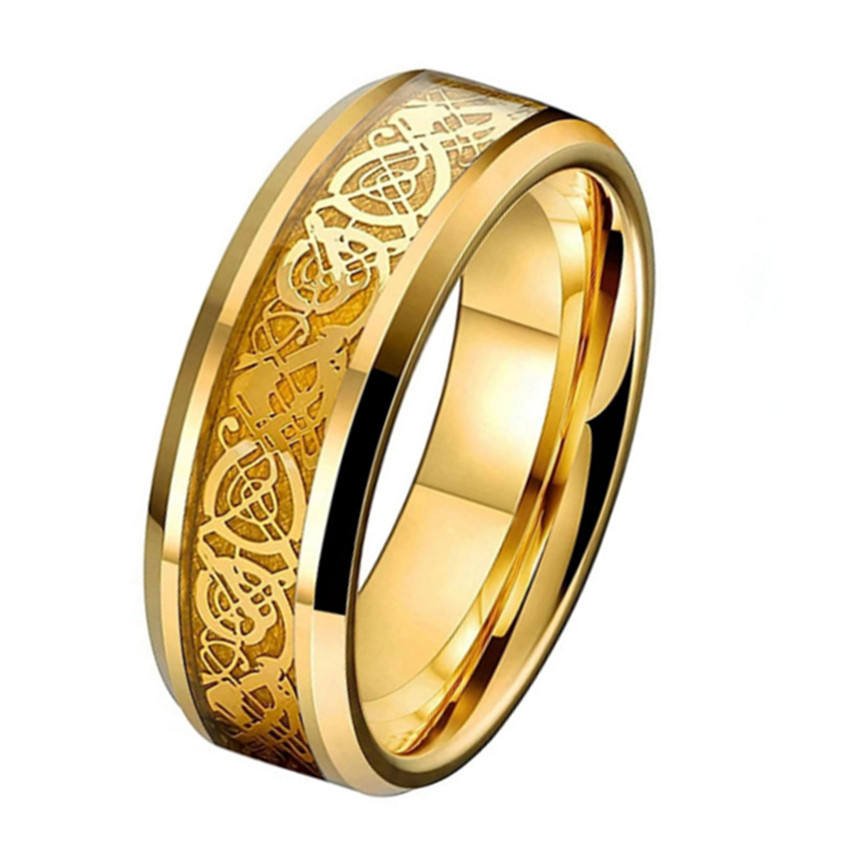 Customized Men's Full Band 24K Gold Plated Dragon Inlay Celtic Tungsten Carbide Rings for Wedding