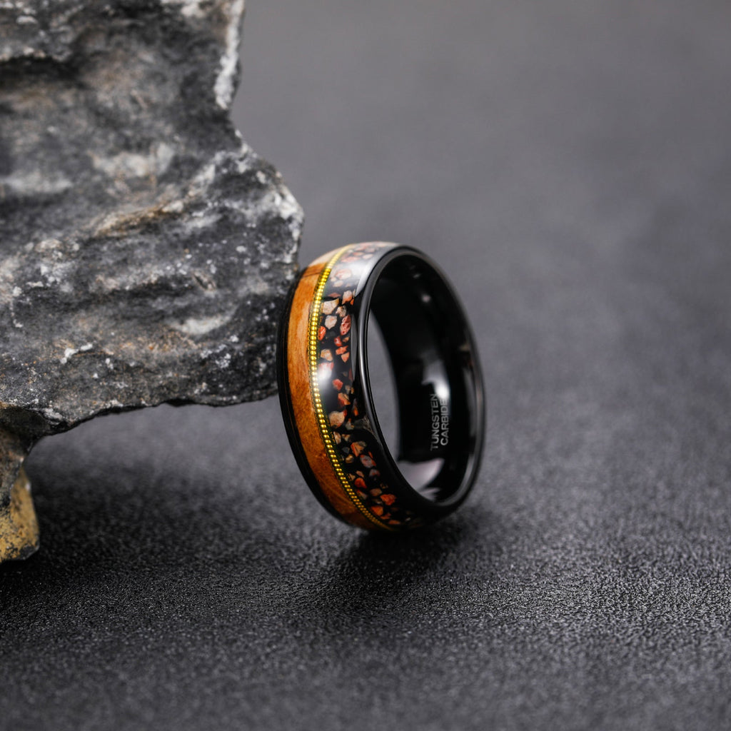 Fashion Jewelry 8mm Dinasor Bone Barrel Wood and Abalone shell pattern Tungsten Carbide Rings for Men Wedding Engagement