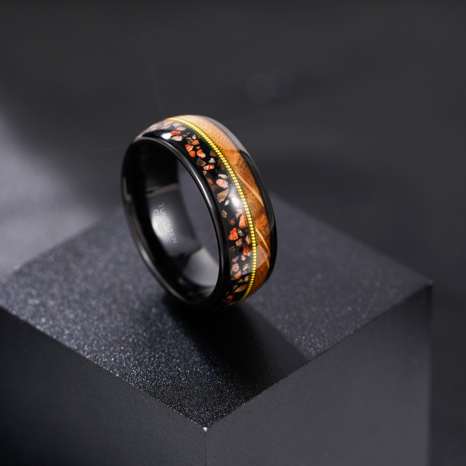 Fashion Jewelry 8mm Dinasor Bone Barrel Wood and Abalone shell pattern Tungsten Carbide Rings for Men Wedding Engagement