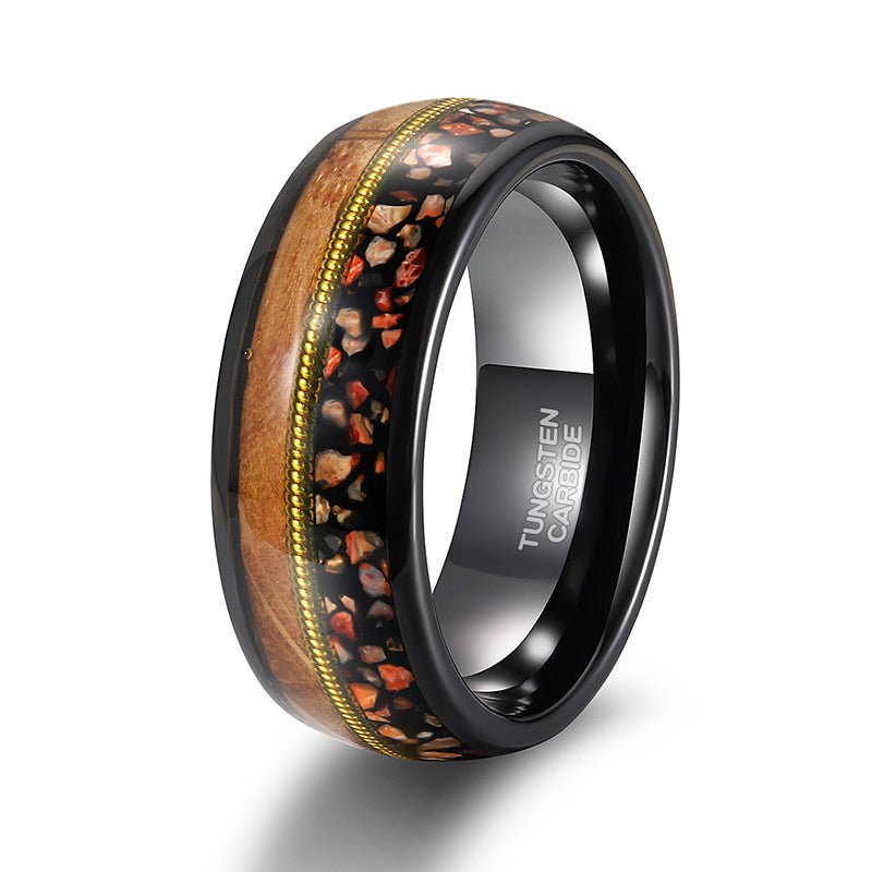 Fashion Jewelry 8mm Dinasor Bone Barrel Wood and Abalone shell pattern Tungsten Carbide Rings for Men Wedding Engagement