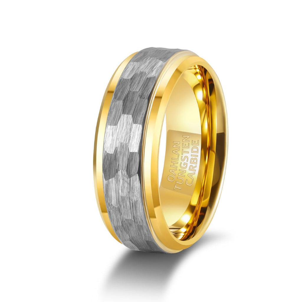 Fashion Jewelry 8mm Gold Plated Hammered Tungsten Carbide Ring for Men Wedding Engagement