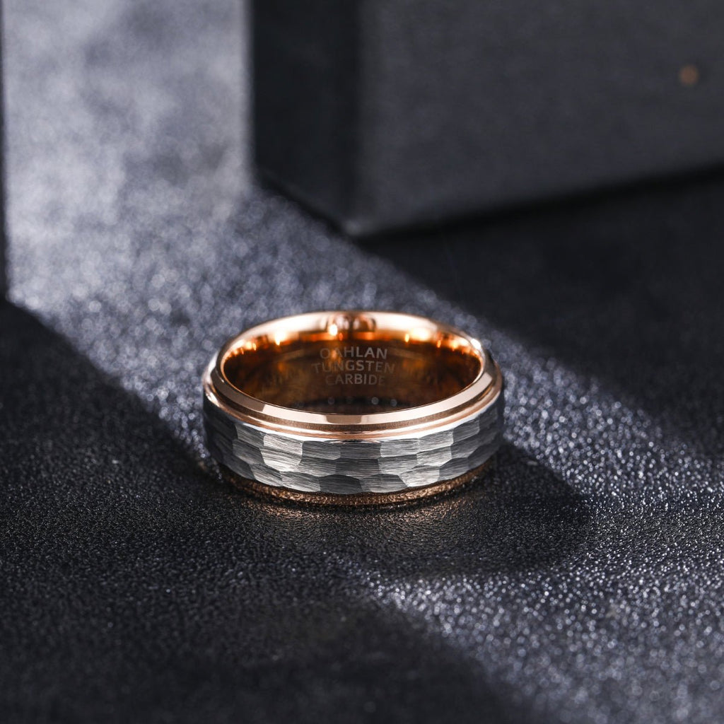 Fashion Jewelry 8mm Rose Gold Plated Hammered Tungsten Carbide Ring for Men Wedding Engagement
