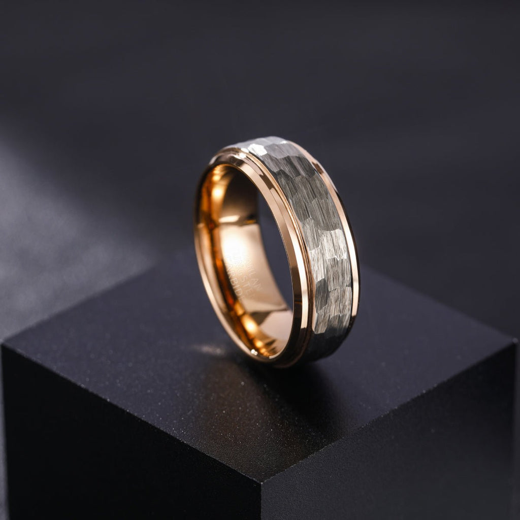 Fashion Jewelry 8mm Rose Gold Plated Hammered Tungsten Carbide Ring for Men Wedding Engagement