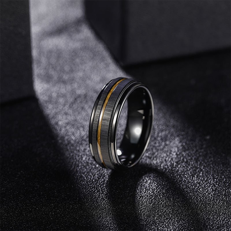Fashion Jewelry Non-Fading 8mm Black Plated Brushed Wood Inlay Tungsten Carbide Rings for Men Wedding Engagement
