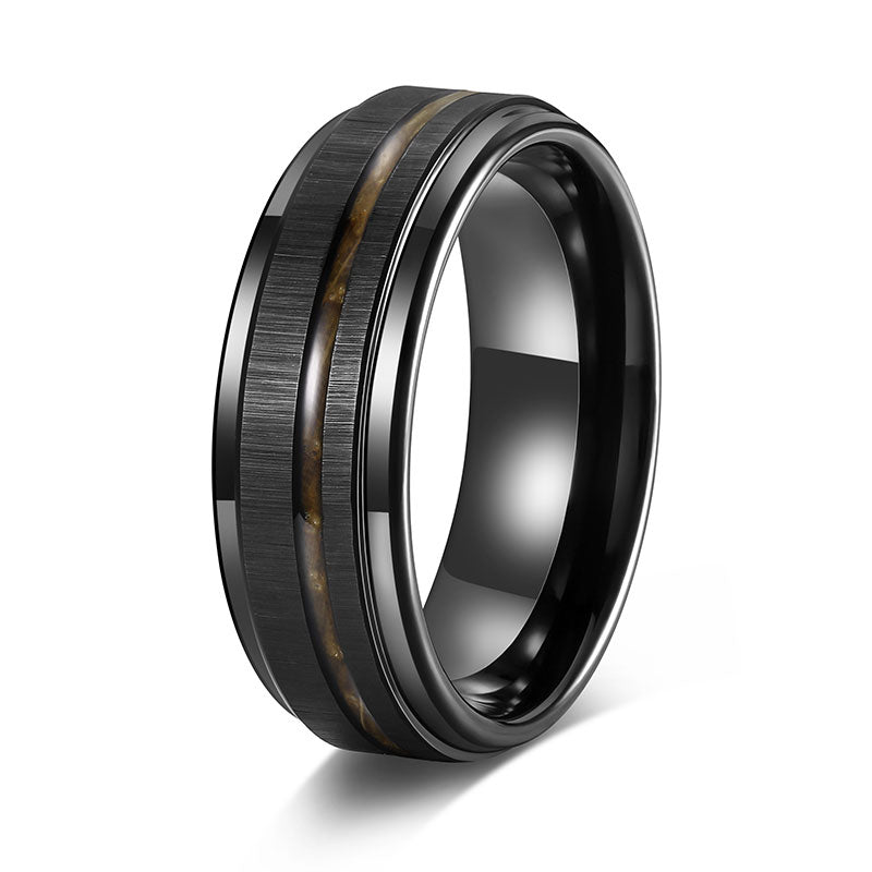Fashion Jewelry Non-Fading 8mm Black Plated Brushed Wood Inlay Tungsten Carbide Rings for Men Wedding Engagement