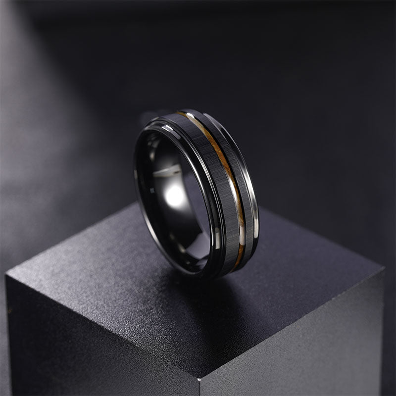 Fashion Jewelry Non-Fading 8mm Black Plated Brushed Wood Inlay Tungsten Carbide Rings for Men Wedding Engagement